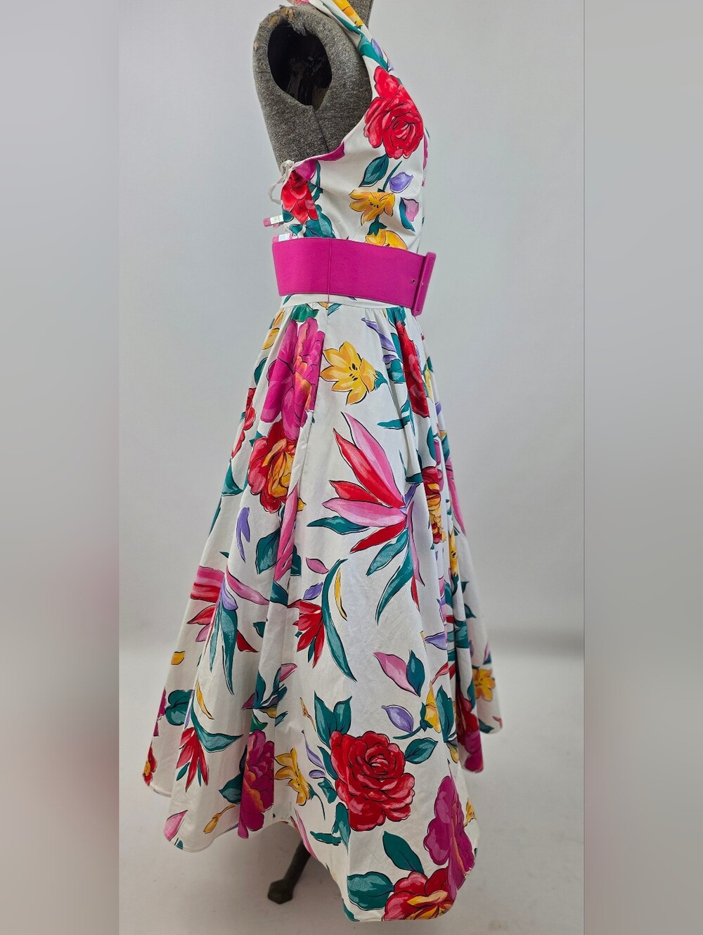 Victor Costa Vintage 80's Women's Belted Floral Cotton Halter Party Sundress 10 - Picture 4 of 10